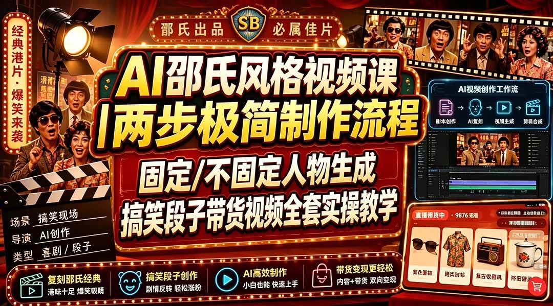 （19602期）AI邵氏风格视频课｜两步极简制作流程，固定/不固定人物生成，搞笑段子带货视频全套实操教学-来友网创
