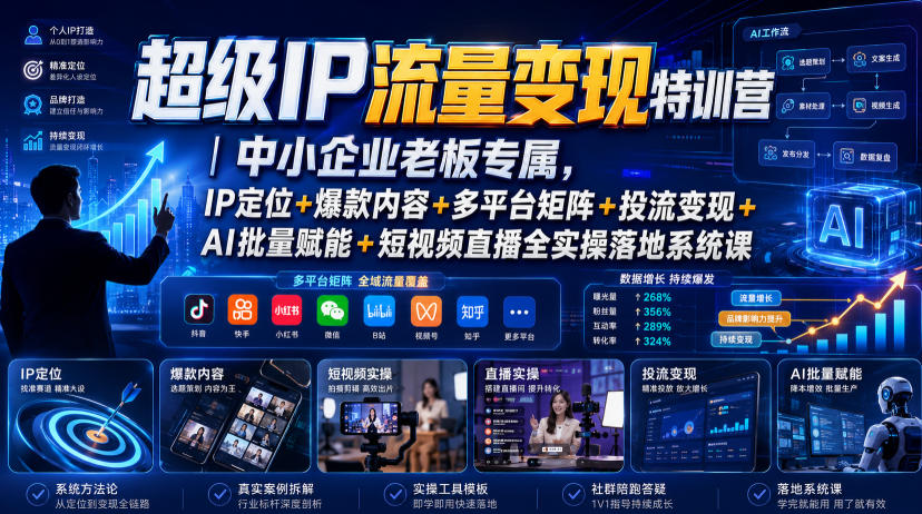 超级IP流量变现特训营｜中小企业老板专属，IP定位+爆款内容+多平台矩阵+投流变现+AI批量赋能+短视频直播全实操落地系统课-来友网创