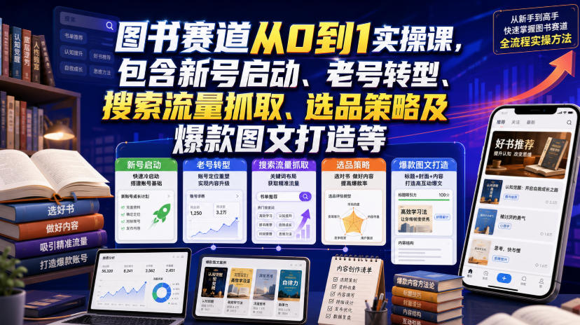 图书赛道从0到1实操课，包含新号启动、老号转型、搜索流量抓取、选品策略及爆款图文打造等-来友网创