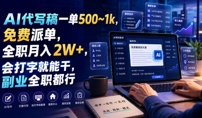 AI代写稿一单500~1k，免费派单，全职月入2W+，会打字就能干，副业全职都行【揭秘】-来友网创