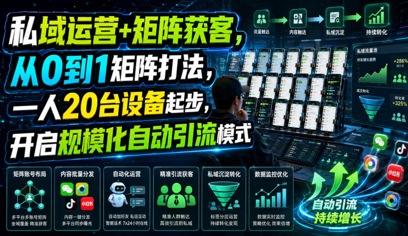 私域运营+矩阵获客，从0到1矩阵打法，一人20台设备起步，开启规模化自动引流模式！-来友网创