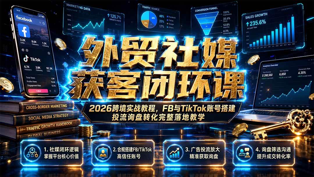 （19611期）外贸社媒获客闭环课｜2026跨境实战教程，FB与TikTok账号搭建投流询盘转化完整落地教学-来友网创