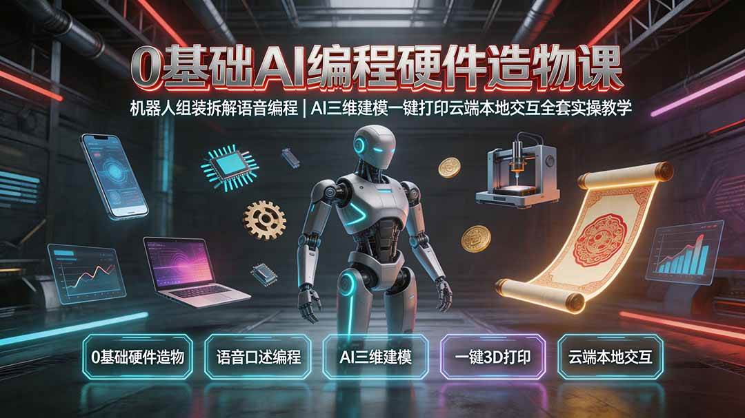 （19612期）0基础AI编程硬件造物课｜机器人组装拆解语音编程，AI三维建模一键打印云端本地交互全套实操教学-来友网创