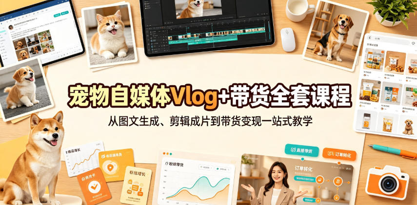宠物自媒体Vlog+带货全套课程｜从图文生成、剪辑成片到带货变现一站式教学-来友网创