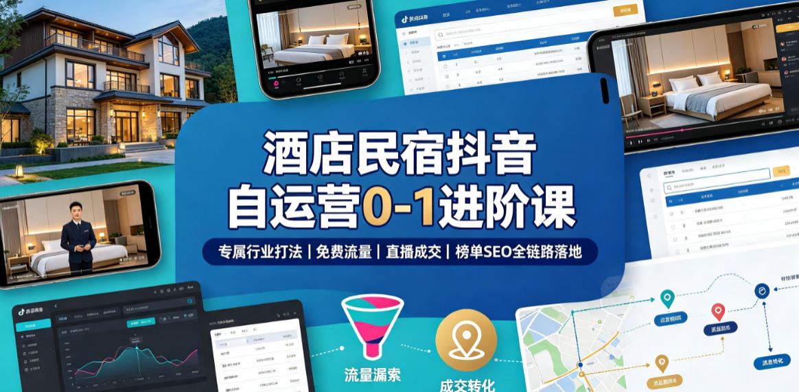酒店民宿抖音自运营0-1进阶课｜专属行业打法、免费流量+直播成交+榜单SEO全链路落地-来友网创