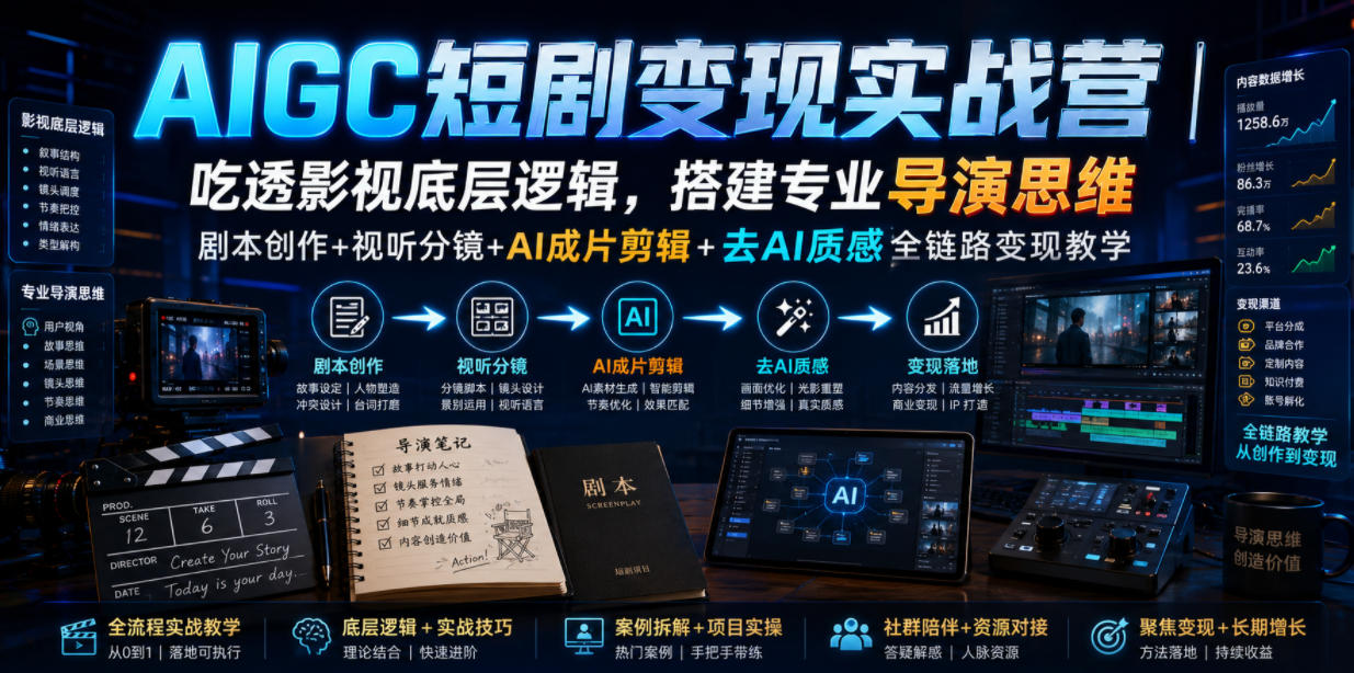 AIGC短剧变现实战营｜吃透影视底层逻辑，搭建专业导演思维，剧本创作+视听分镜+AI成片剪辑+去AI质感全链路变现教学-来友网创