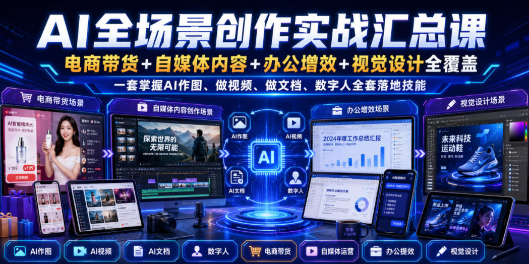 AI全场景创作实战汇总课｜电商带货+自媒体内容+办公增效+视觉设计全覆盖，一套掌握AI作图、做视频、做文档、数字人全套落地技能-来友网创
