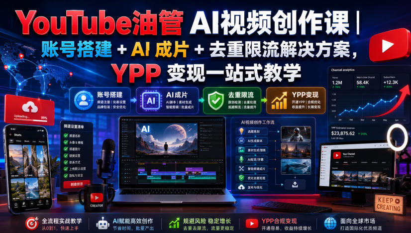 YouTube油管AI视频创作课｜账号搭建+AI成片+去重限流解决方案，YPP变现一站式教学-来友网创
