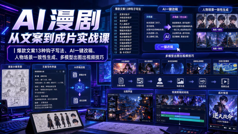 AI漫剧从文案到成片实战课｜爆款文案13种钩子写法、AI一键改稿、人物场景一致性生成、多模型出图出视频技巧-来友网创