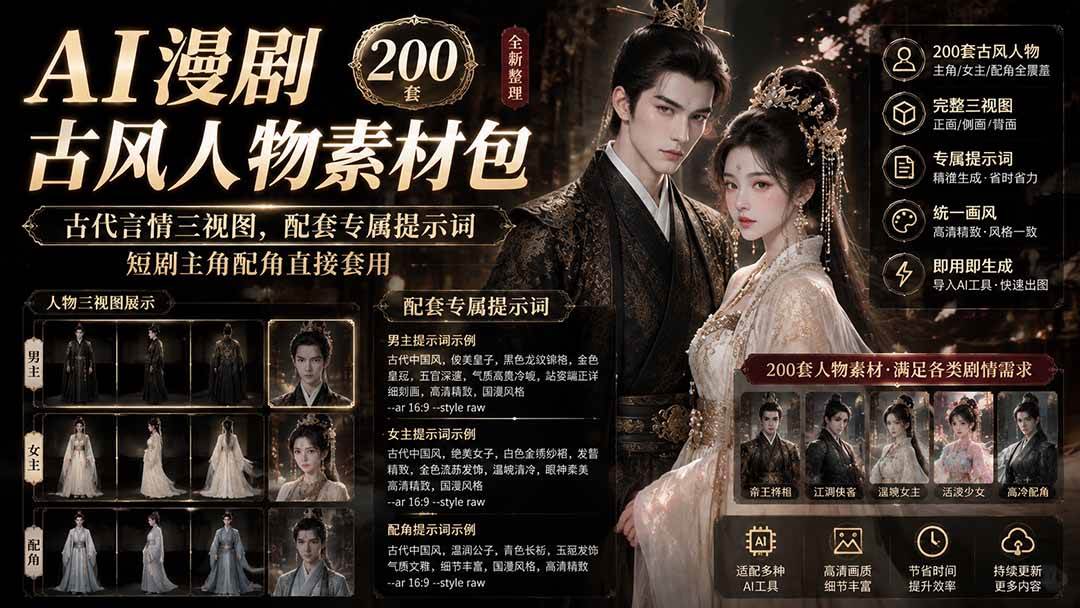 （19693期）AI漫剧古风人物素材包+提示词｜200 套古代言情三视图，配套专属提示词短剧主角配角直接套用-来友网创