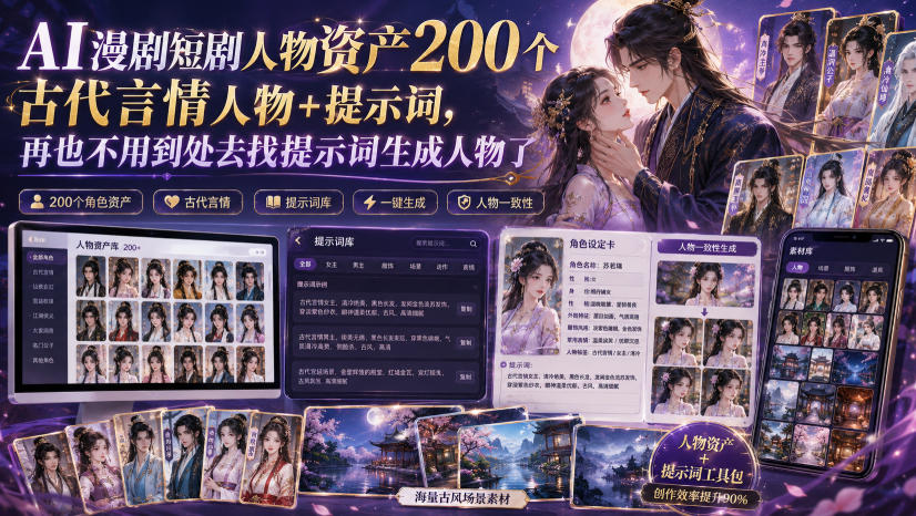 AI漫剧短剧人物资产200个古代言情人物+提示词，再也不用到处去找提示词生成人物了-来友网创