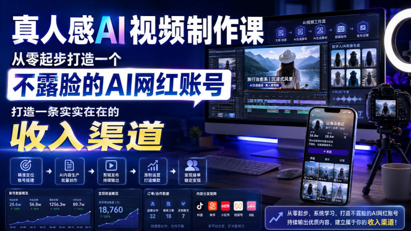 真人感AI视频制作课，从零起步打造一个不露脸的AI网红账号，打造一条实实在在的收入渠道【原创双语字幕】-来友网创