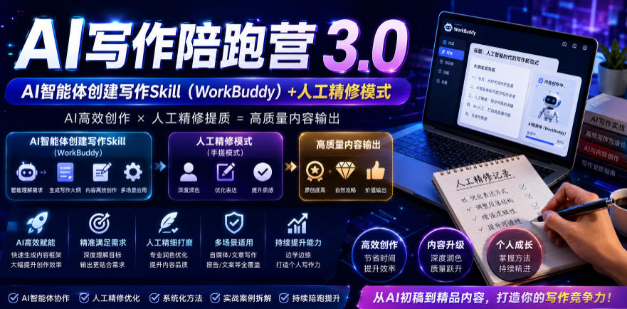 AI写作陪跑营3.0，Ai智能体创建写作skill（workbuddy）+人工手写模式（手搓模式），去除AI痕迹（头条号、公众号、百家号）（更新0806）-来友网创
