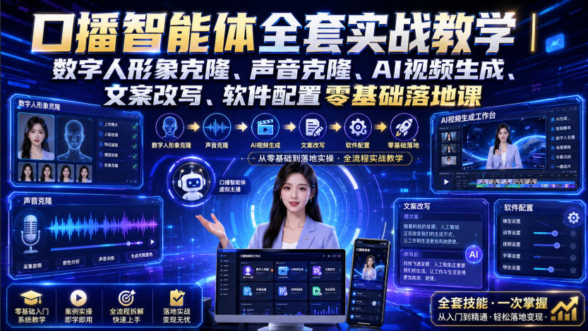 口播智能体全套实战教学｜数字人形象克隆、声音克隆、AI视频生成、文案改写、软件配置零基础落地课-来友网创