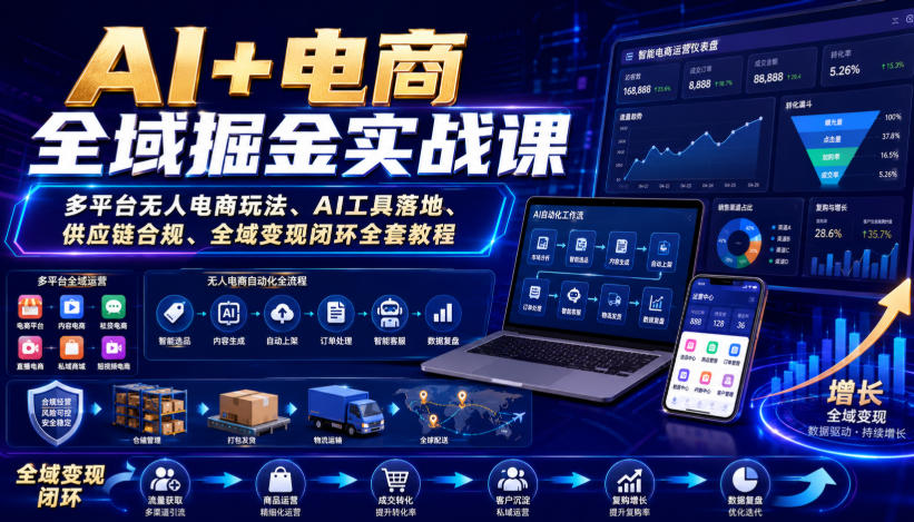 AI+电商全域掘金实战课｜多平台无人电商玩法、AI工具落地、供应链合规、全域变现闭环全套教程-来友网创