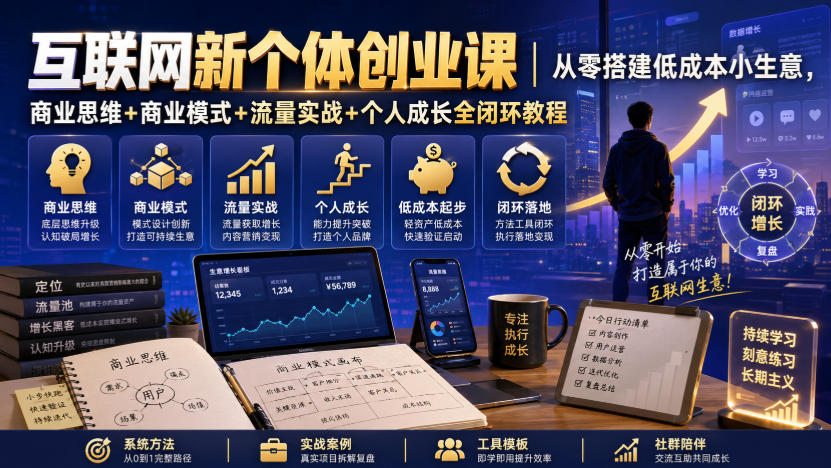 互联网新个体创业课｜从零搭建低成本小生意，商业思维+商业模式+流量实战+个人成长全闭环教程-来友网创
