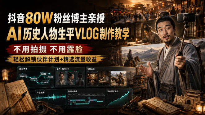 抖音80W粉丝博主的AI历史人物生平VLOG教学，不用拍摄不用露脸，AI帮你搞定，轻松解锁伙伴计划+精选收益-来友网创