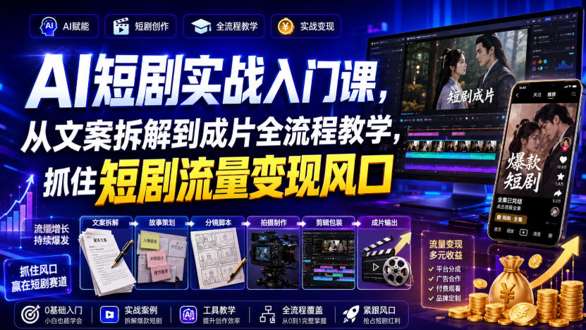 AI短剧实战入门课，从文案拆解到成片全流程教学，抓住短剧流量变现风口-来友网创