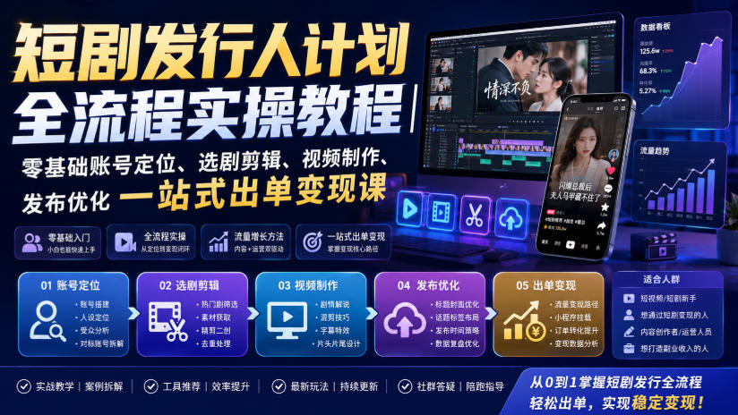 短剧发行人计划全流程实操教程｜零基础账号定位、选剧剪辑、视频制作、发布优化一站式出单变现课​-来友网创