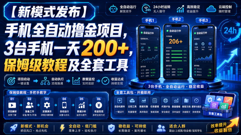 【新模式发布】手机全自动撸金项目，3台手机一天200+，保姆级教程及全套工具【揭秘】-来友网创