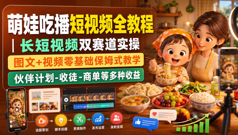 萌娃吃播短视频全教程｜长短视频双赛道实操，图文+视频零基础保姆式教学，伙伴计划-收徒-商单等多种变现方式-来友网创