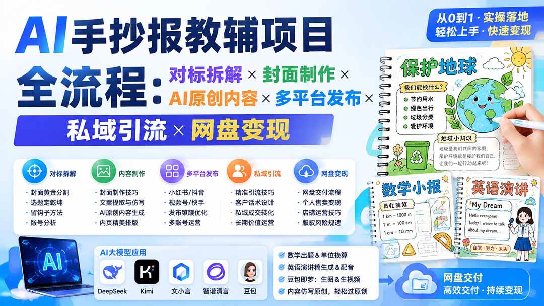 （19785期）AI手抄报教辅项目全流程：对标拆解×封面制作×AI原创内容×多平台发布×私域引流×网盘变现-来友网创