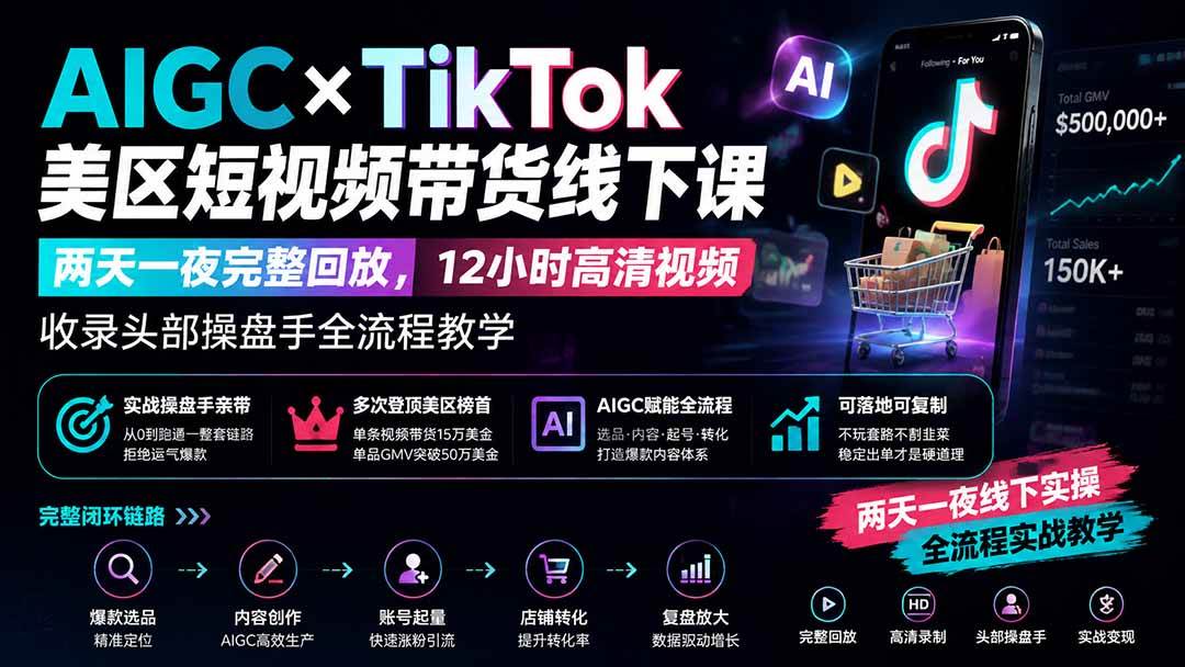 （19778期）AIGC×TikTok美区短视频带货线下课；两天一夜完整回放，12小时高清视频收录头部操盘手全流程教学-来友网创