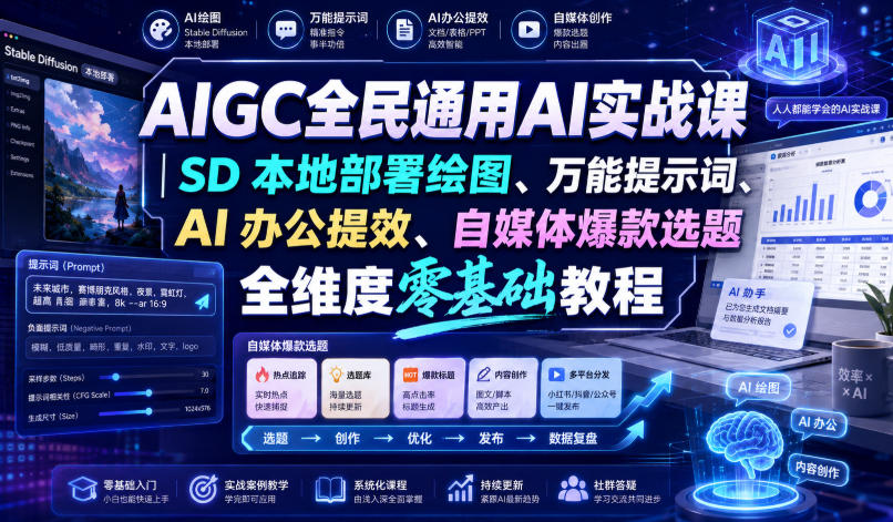 AIGC全民通用AI实战课｜SD本地部署绘图、万能提示词、AI办公提效、自媒体爆款选题全维度零基础教程-来友网创
