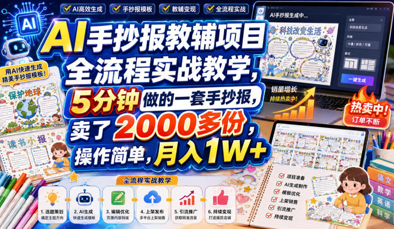 AI手抄报教辅项目全流程实战教学，5分钟做的一套手抄报，卖了2000多份，操作简单，月入1W+-来友网创