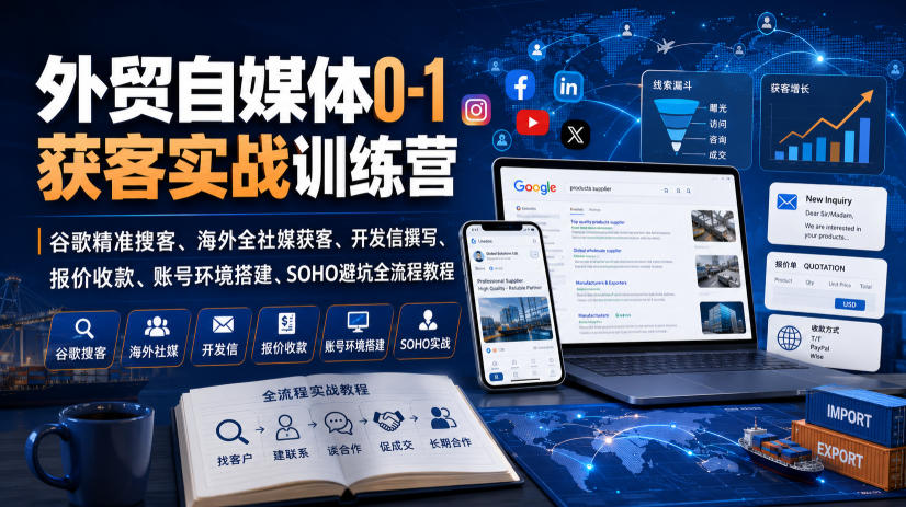 外贸自媒体0-1获客实战训练营｜谷歌精准搜客、海外全社媒获客、开发信撰写、报价收款、账号环境搭建、SOHO避坑全流程教程-来友网创