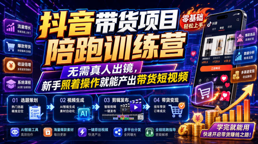 抖音带货项目陪跑训练营，无需真人出镜，新手照着操作就能产出带货短视频（更新0811）-来友网创