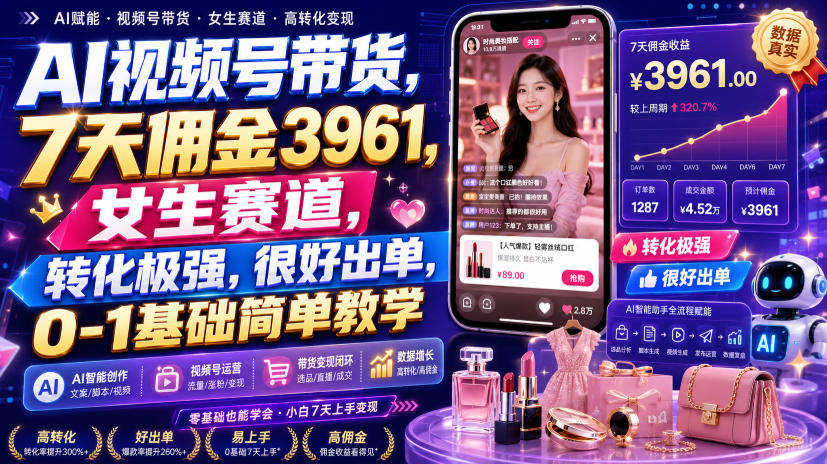 AI视频号带货，7天佣金3961，女生赛道，转化极强，很好出单，0-1基础简单教学-来友网创