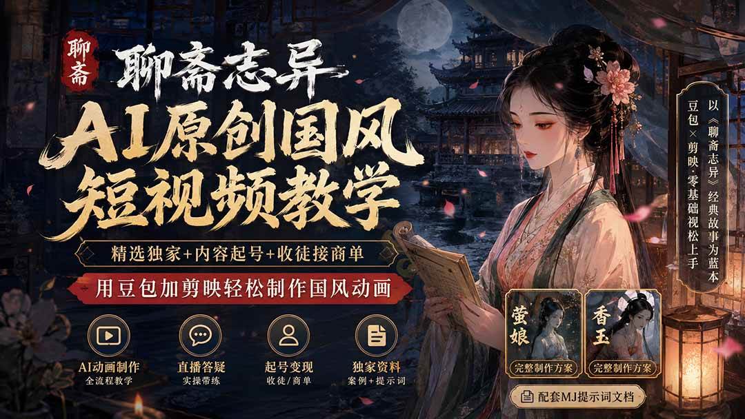 （19834期）聊斋志异AI原创国风短视频教学；精选独家+内容起号+收徒接商单，用豆包加剪映轻松制作国风动画-来友网创