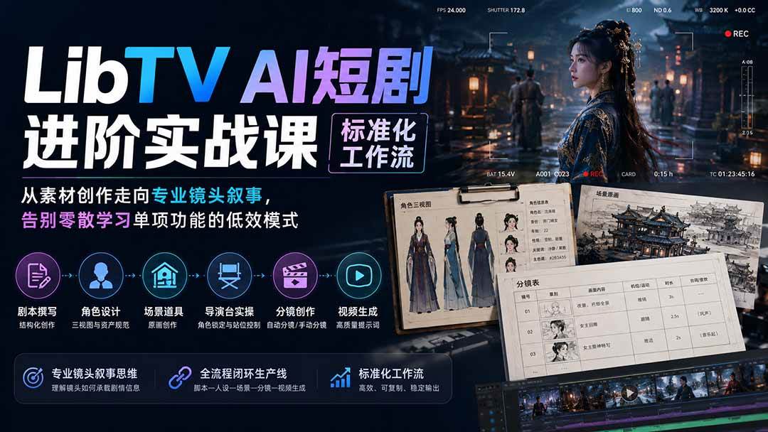 （19836期）LibTV AI短剧进阶实操课标准化工作流；从素材创作走向专业镜头叙事，告别零散学习单项功能的低效模式-来友网创