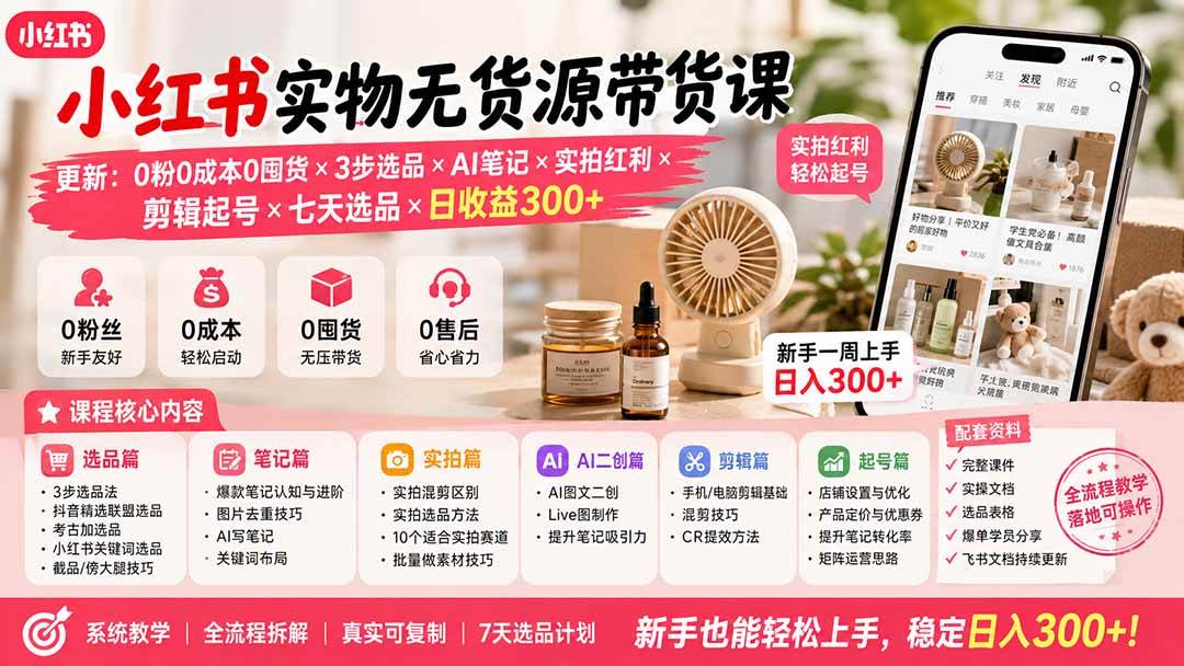 （19840期）小红书实物无货源带货课-更新：0粉0成本0囤货×3步选品×AI笔记×实拍红利×剪辑起号×七天选品×日收益300+-来友网创