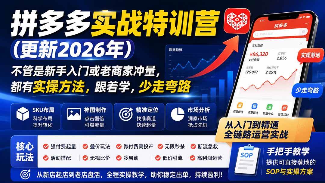 （19842期）拼多多实战特训营(更新2026年)：不管是新手入门或老商家冲量，都有实操方法，跟着学，少走弯路-来友网创
