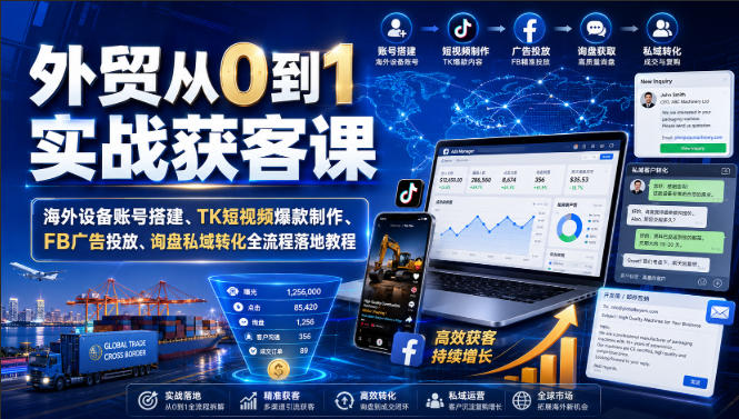 外贸从0到1实战获客课｜海外设备账号搭建、TK短视频爆款制作、FB广告投放、询盘私域转化全流程落地教程-来友网创