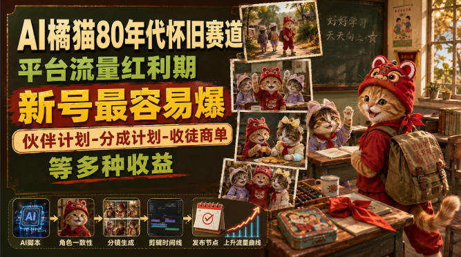 AI橘猫80年代怀旧赛道，平台流量红利期，新号最容易爆，伙伴计划-分成计划-收徒商单等多种收益-来友网创