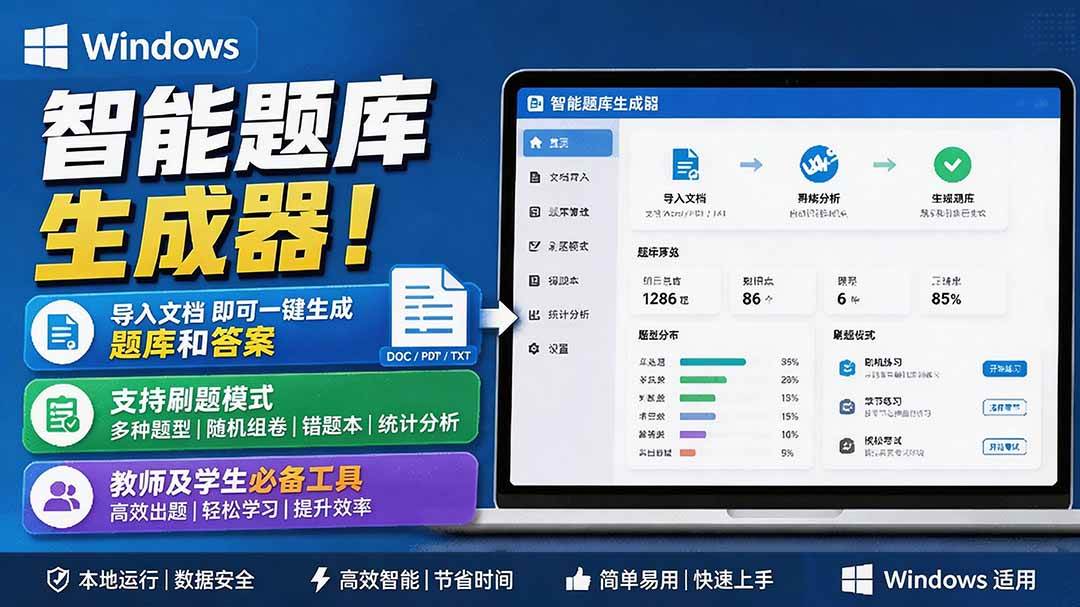 （19855期）Windows 智能题库刷题软件！导入文档一键生成题库和答案，并支持刷题模式，教师及学生必备工具 原创-来友网创