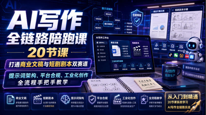 AI写作全链路陪跑课｜20节课打通商业文稿与短剧剧本双赛道，提示词架构、平台合规、工业化创作全流程手把手教学-来友网创