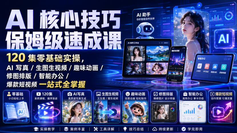 AI核心技巧保姆级速成课｜120集零基础实操，AI写真/生图生视频/趣味动画/修图排版/智能办公/爆款短视频一站式全掌握-来友网创
