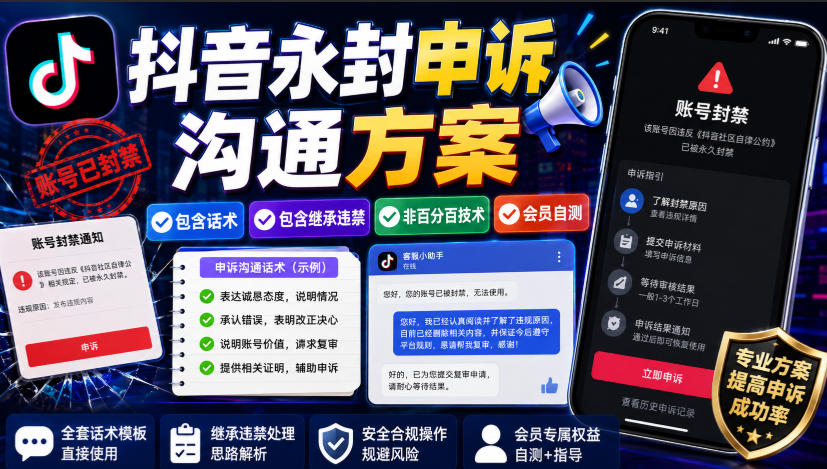 抖音永封申诉沟通方案，包含话术，包含继承违禁，非百分百技术，会员自测-来友网创