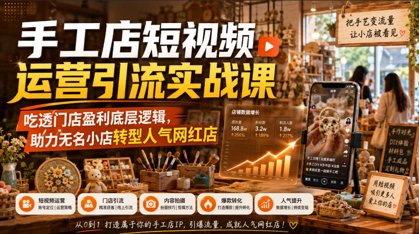 手工店短视频运营引流实战课，吃透门店盈利底层逻辑，助力无名小店转型人气网红店-来友网创