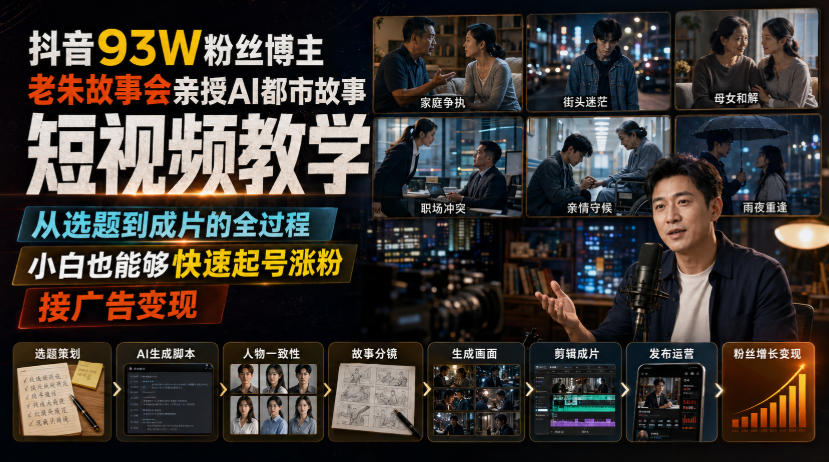 抖音93W粉丝博主老朱故事会亲授AI都市故事短视频教学，从选题到成片的全过程，小白也能够快速起号涨粉接广告变现-来友网创