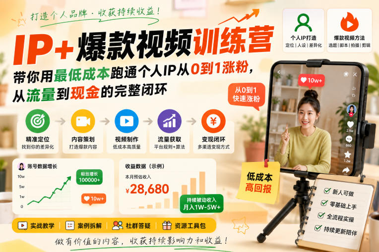 IP+爆款视频训练营，带你用最低成本跑通个人IP从0到1涨粉，从流量到现金的完整闭环-来友网创