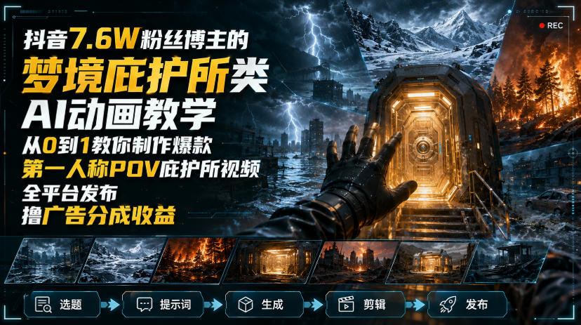 抖音7.6W粉丝博主的梦境庇护所类AI动画教学，从0到1教你制作爆款第一人称POV庇护所视频，全平台发布撸广告分成收益-来友网创