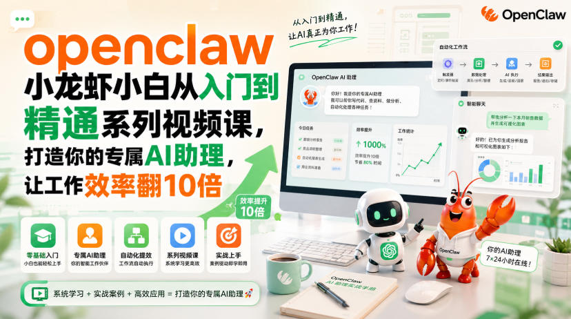 openclaw小龙虾小白从入门到精通系列视频课，打造你的专属AI助理，让工作效率翻10倍-来友网创