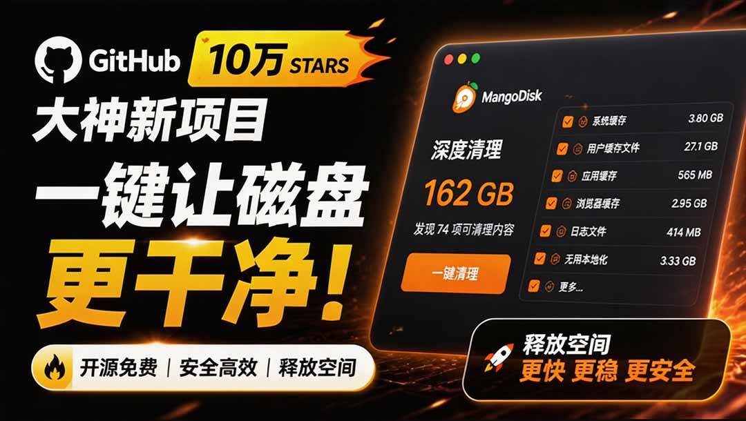 （19894期）在Gtihub上做出10万 stars 的大神，又发布新项目了！一键让磁盘更干净，开源免费清理工具 MangoDisk-来友网创