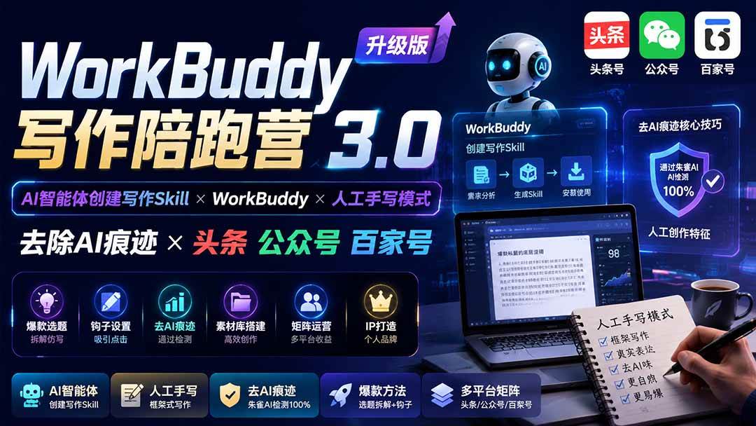 （19920期）WorkBuddy写作陪跑营3.0-更新：Ai智能体创建写作Skill×WorkBuddy×人工手写模式×去除AI痕迹×头条公众号百家号-来友网创