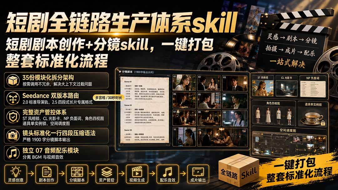 （19911期）短剧全链路生产体系skill，短剧剧本创作+分镜skill，一键打包，整套标准化流程-来友网创